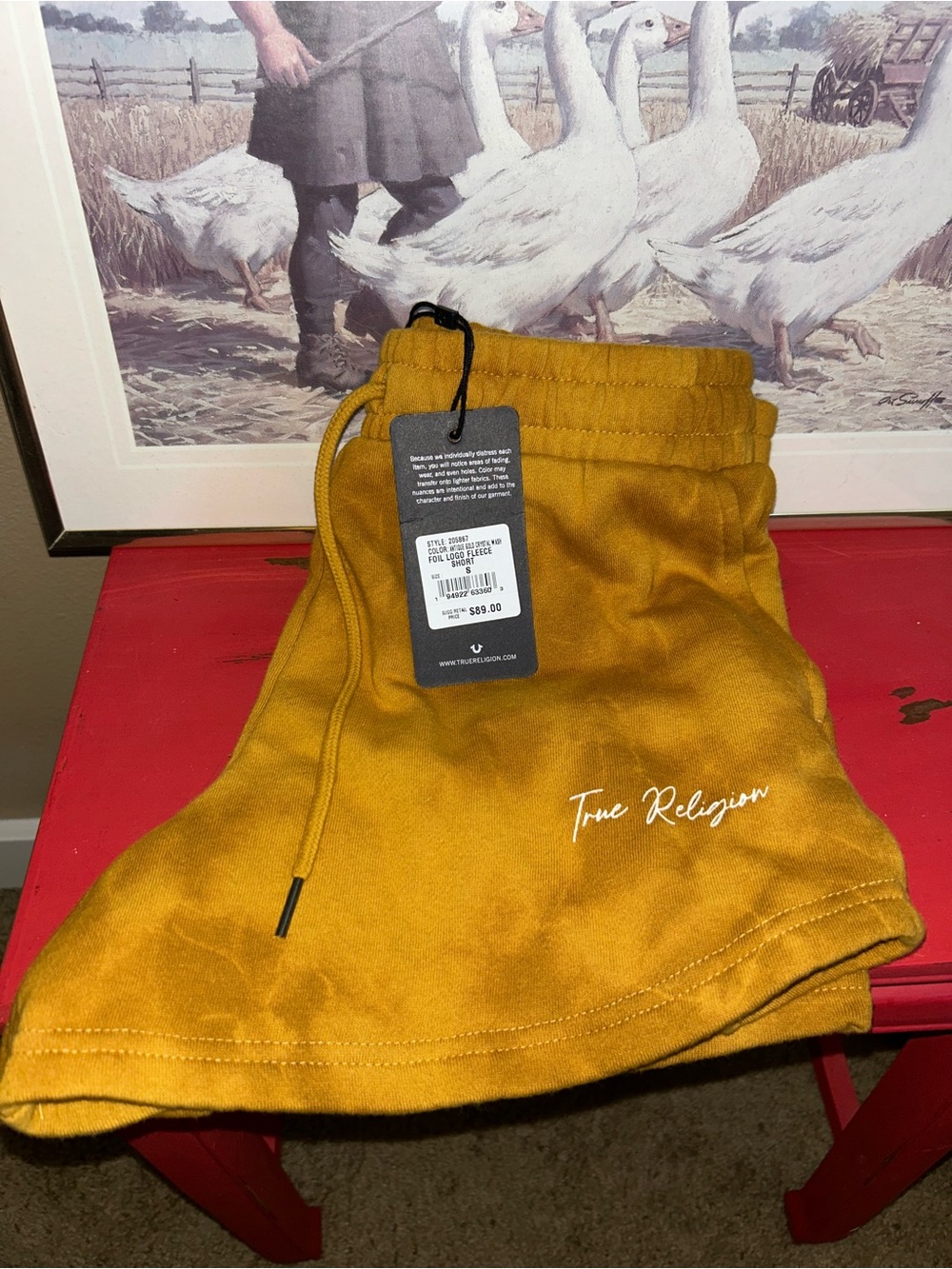 True Religion Mustard Drawstring Shorts with Script Logo